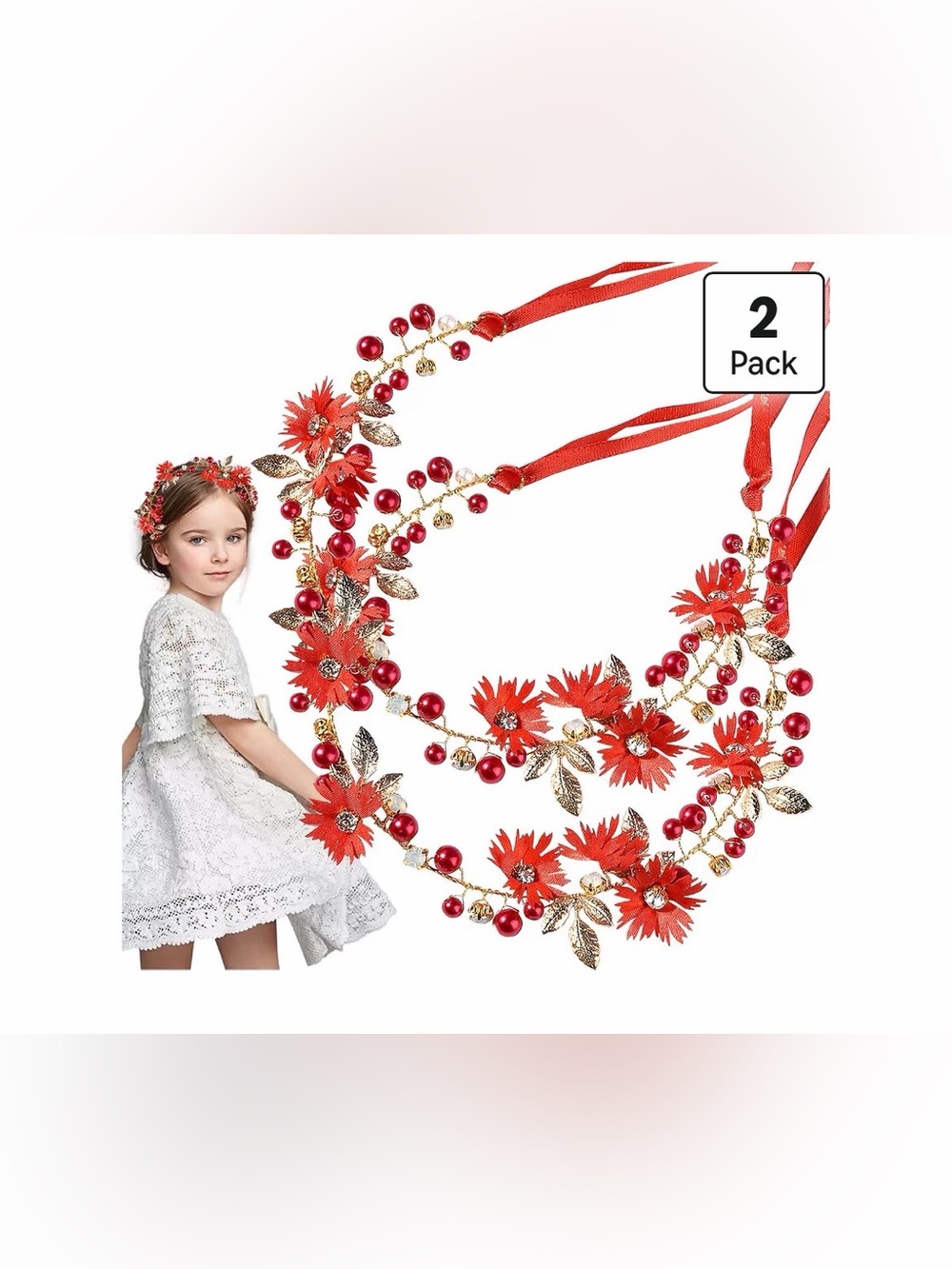 Amazon 2 Piece Red and White Hair Wreath Headpieces Pearl and Floral Headbands